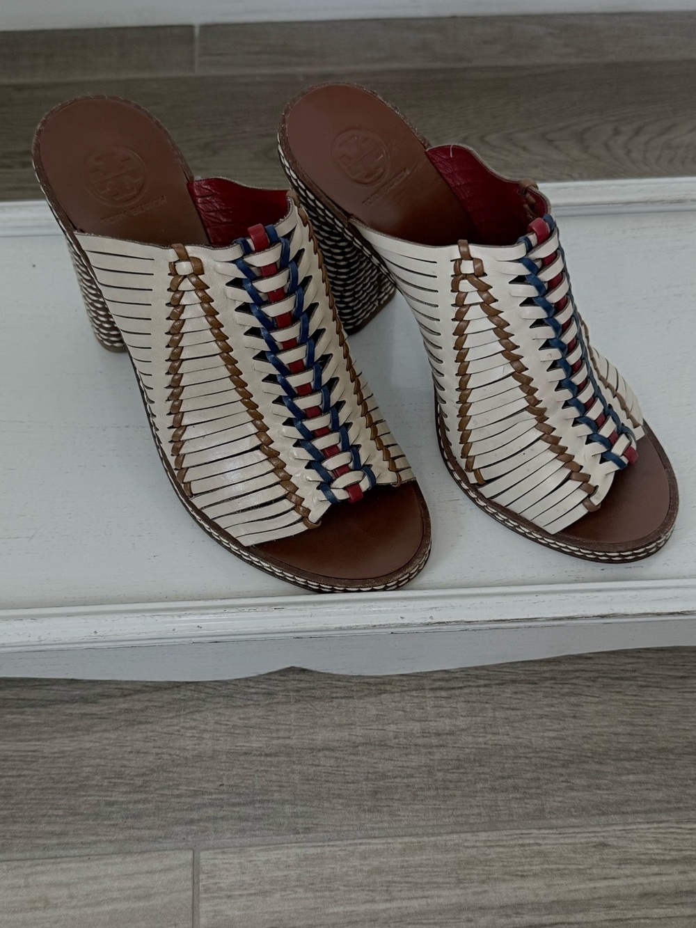 Tory Burch White Leather Braided Open-Toe Mules with Red & Blue Accents